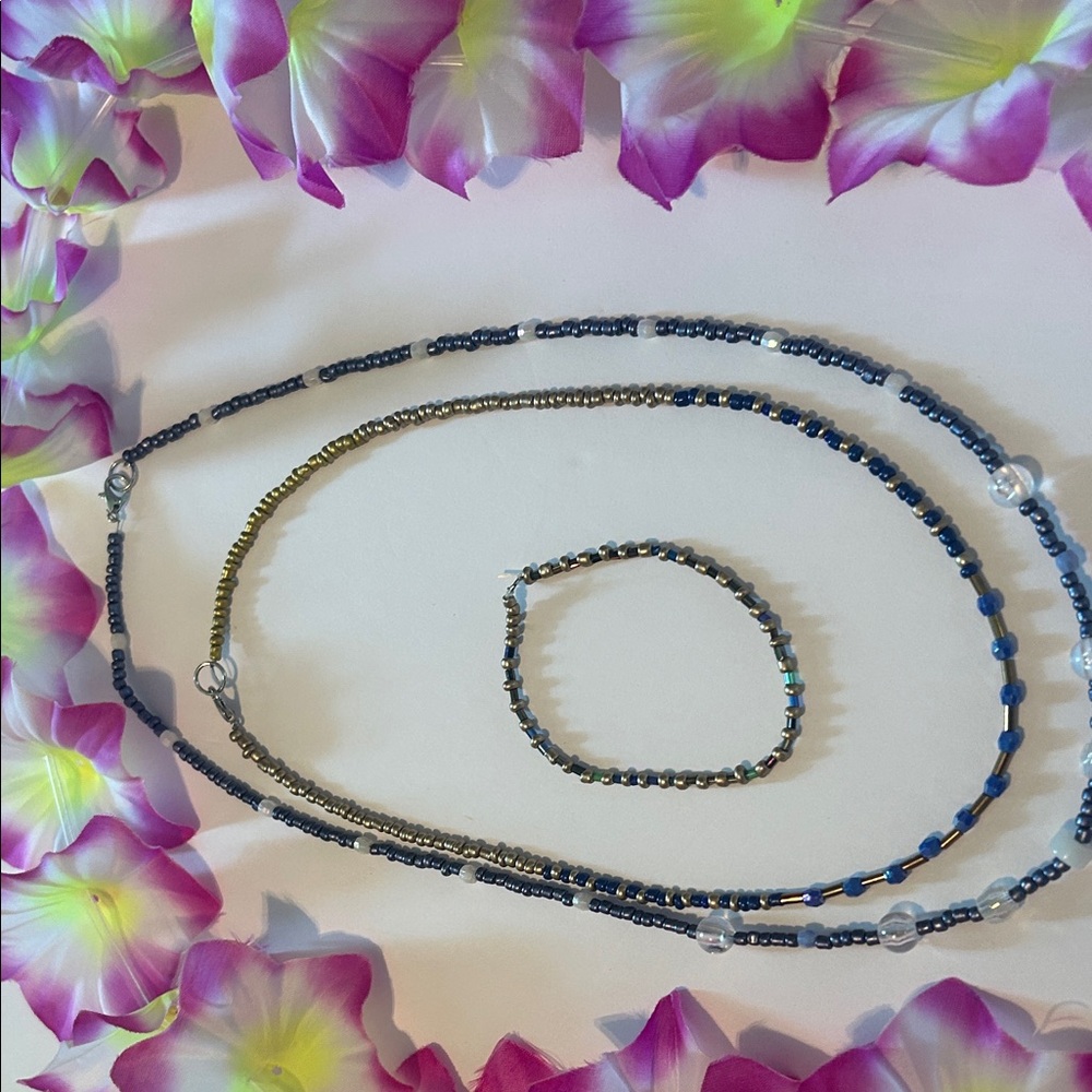 Elegant Blue and Gold Beaded Necklace and Bracelet Set